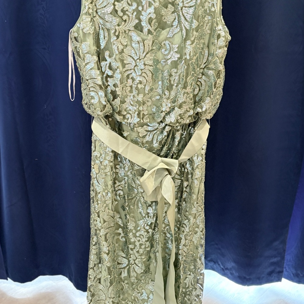 Tadashi Shoji Sage Green Lace Maxi Dress with Sash - Picture 2 of 7